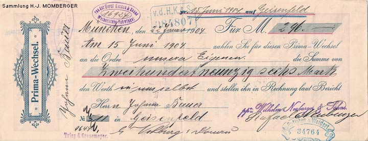 Prima-Wechsel vom 22. Januar 1904 (Sammlung Hans-Jürgen Momberger)