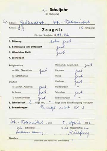 Zeugnis Schuljahr 1961/62 (Sammlung Dieter Kraß)