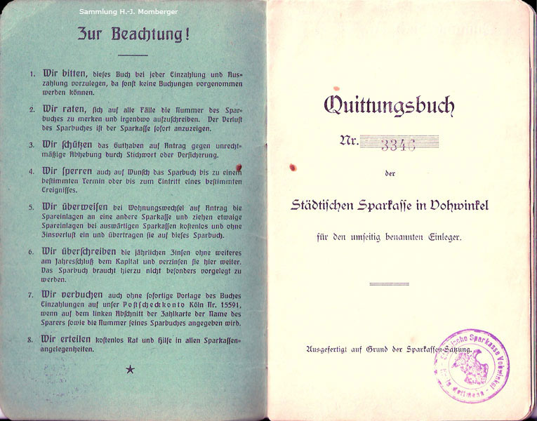 Quittungsbuch der Städtischen Sparkasse in Vohwinkel 1927 (Sammlung H.-J. Momberger)