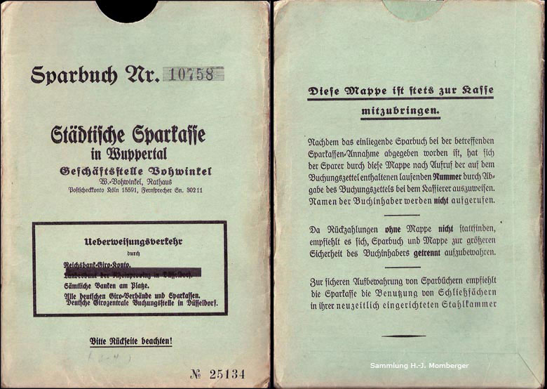 Sparbuch der Städtischen Sparkasse in Wuppertal Geschäftsstelle Vohwinkel 1933 (Sammlung H.-J. Momberger)