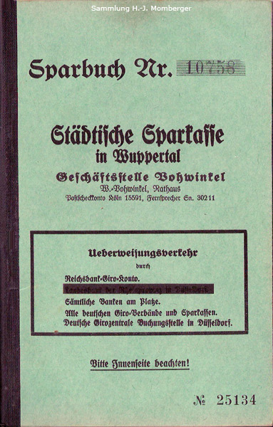 Sparbuch der Städtischen Sparkasse in Wuppertal Geschäftsstelle Vohwinkel 1933 (Sammlung H.-J. Momberger)