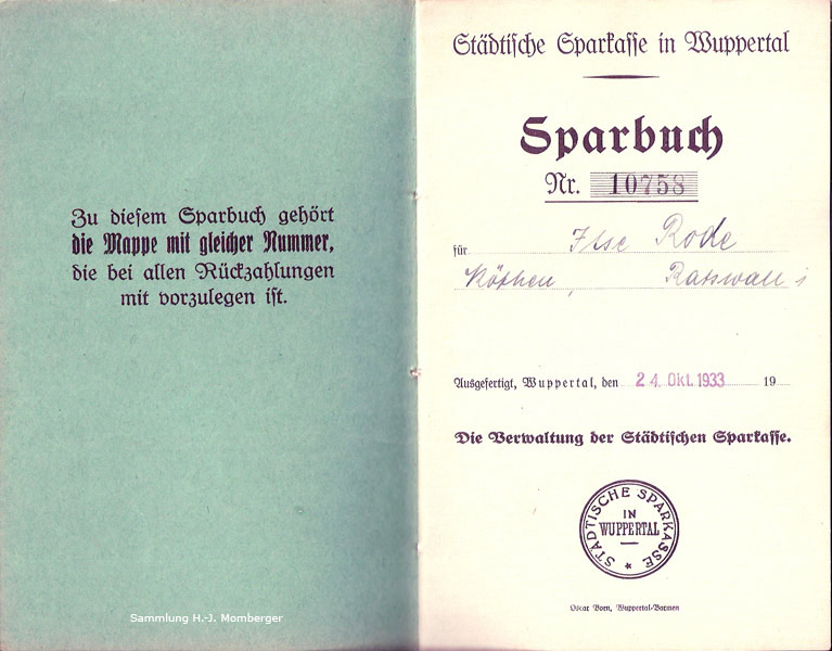 Sparbuch der Städtischen Sparkasse in Wuppertal Geschäftsstelle Vohwinkel 1933 (Sammlung H.-J. Momberger)