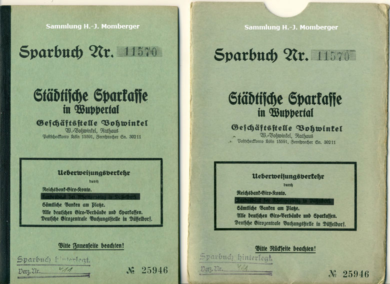 Sparbuch und Mappe Nr. 11570 der Städtischen Sparkasse in Wuppertal Geschäftsstelle Vohwinkel 1934 (Sammlung H.-J. Momberger)