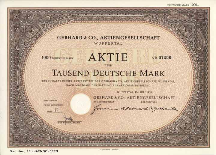 Aktie Gebhard & Co. Aktiengesellschaft Wuppertal von Juli 1953 (Sammlung Reinhard Sondern)