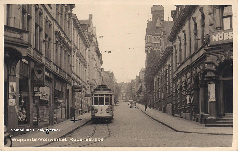 Straßenbahn nach Solingen in der Rubensstraße in Wuppertal-Vohwinkel auf einer Postkarte von 1939 (Sammlung Frank Werner)